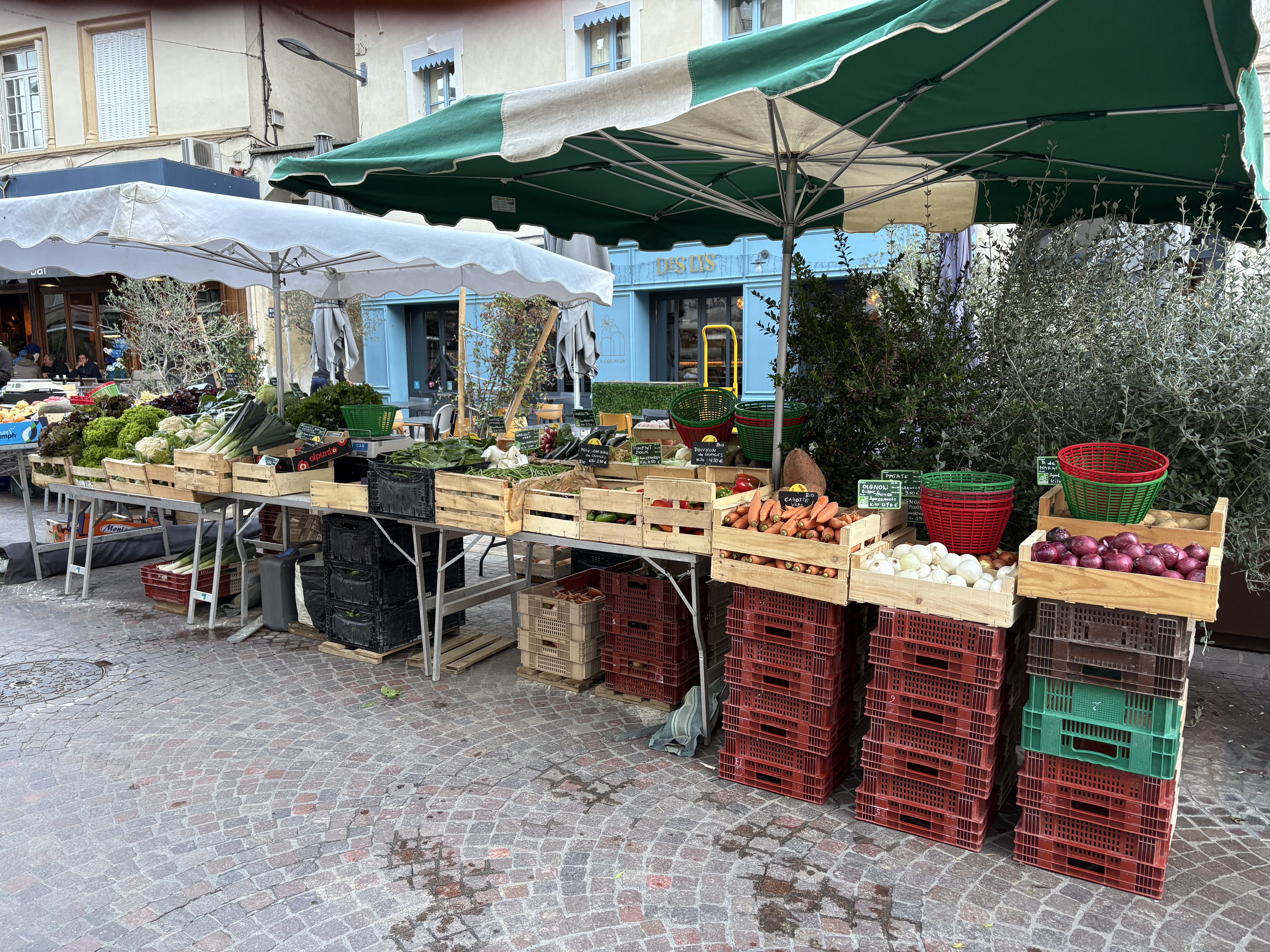 L’étal de légumes du Potager du Lys sous les parasols du marché
